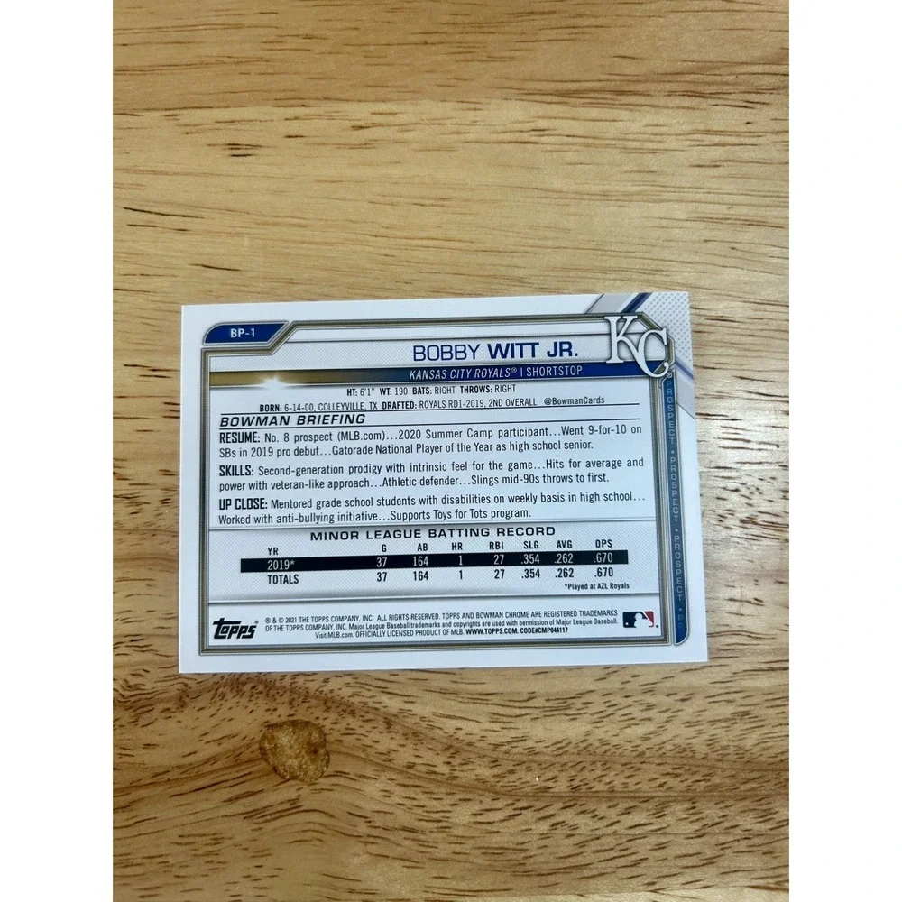 2021 Bowman - Prospects Bobby Witt Jr. #BP-1 Yellow Border /75 (RC)